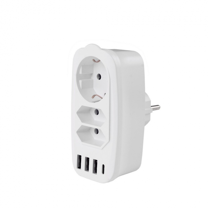 Разветвитель Socket Adapter 3 Euro 16A, 4 USB 3A+C с блоком 5В/3.1А RocketSocket, цвет белый-серый