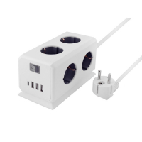 Удлинитель BiCube Extended 6 Euro 16A, 4 USB 3A+C с блоком 5В/3.1А, кабель 1,5м RocketSocket, цвет белый-серый