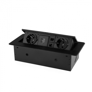 Розетка горизонтальная выдвижная 2 Euro 16A, 2 USB A с блоком 5В/2.1А, 2 RJ45 RocketSocket, проводка, цвет черный