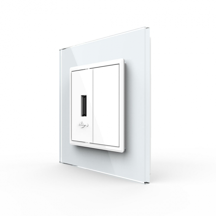 Розетка с одним USB type-A, блоком питания 5В 2.1А Livolo, 1 пост, цвет белый